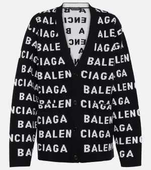 Balenciaga Wool Blend Jacquard Cardigan with Logo, Multicolor