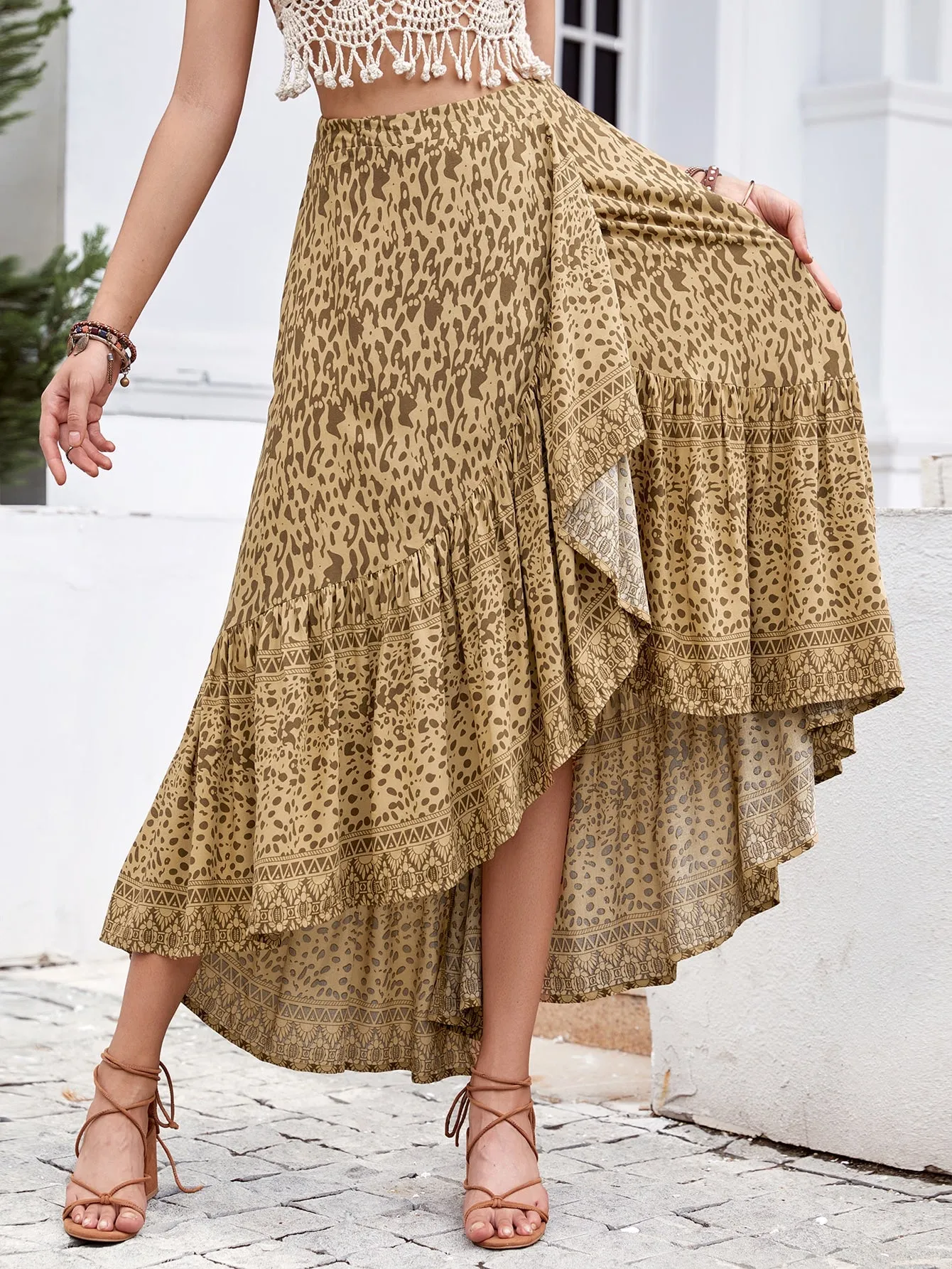 Boho All Over Print Ruffle Hem High Waist Maxi Women Skirt