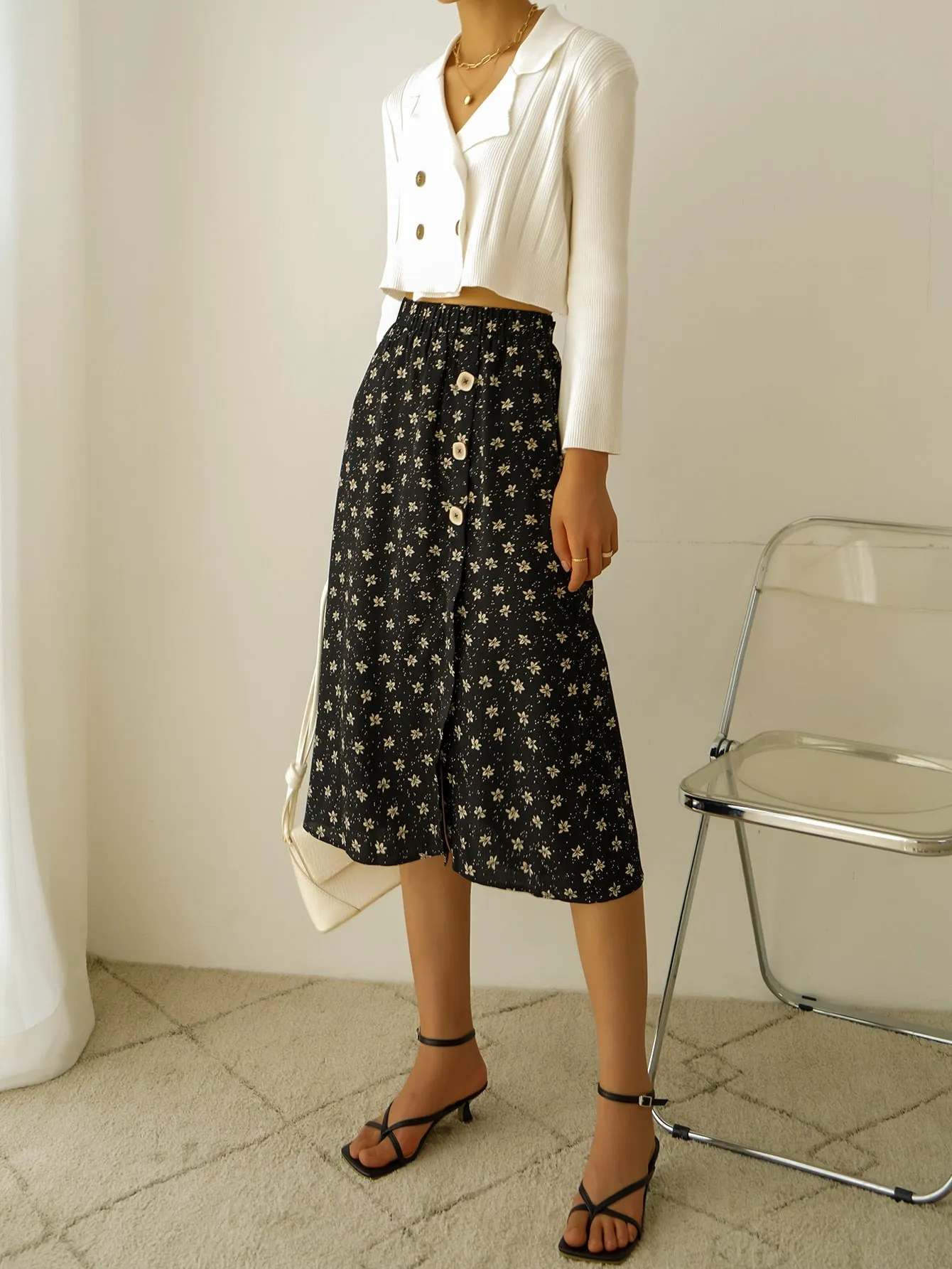 Boho Ditsy Floral Button Front High Waist Midi Women Skirts