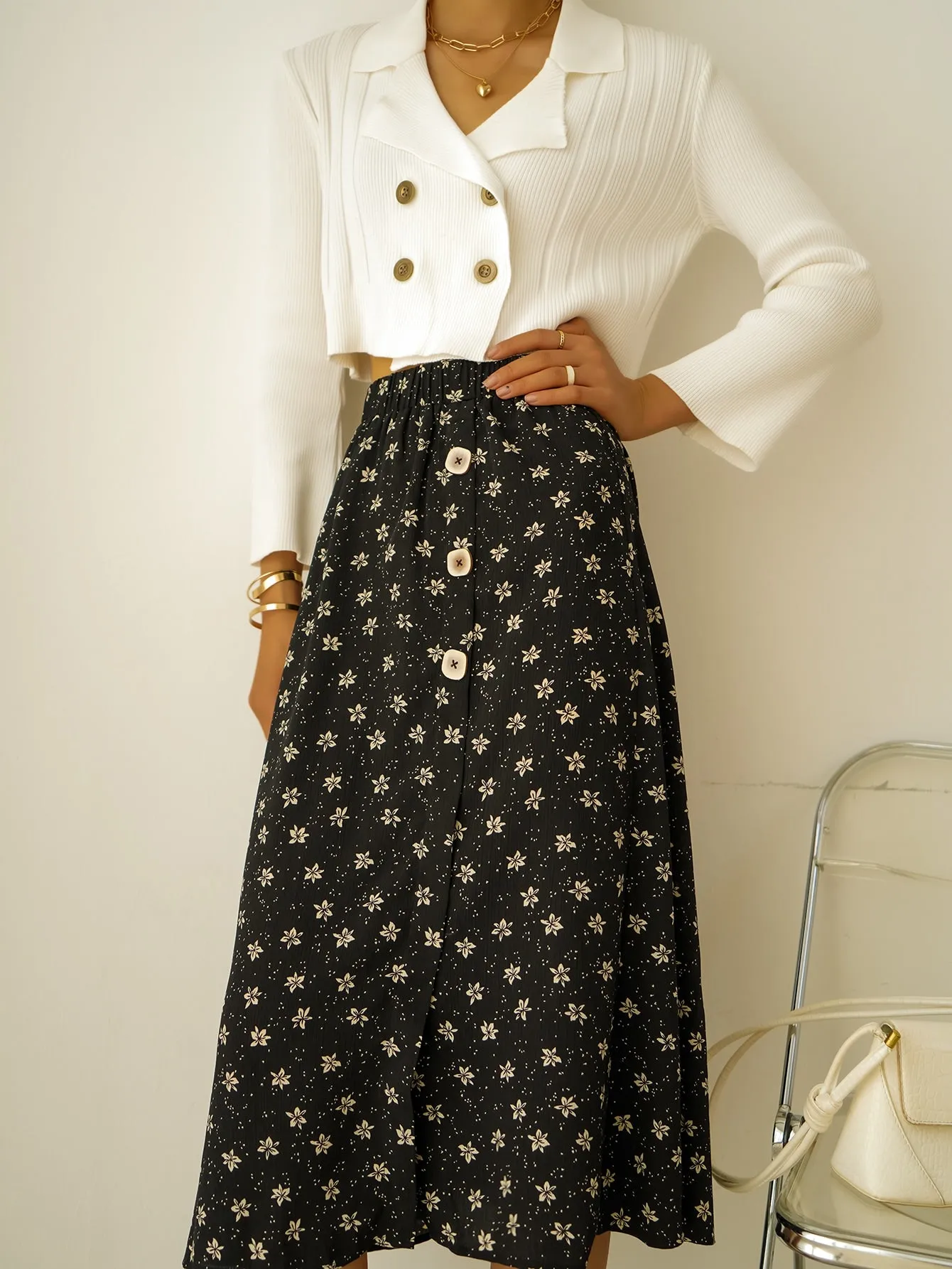 Boho Ditsy Floral Button Front High Waist Midi Women Skirts