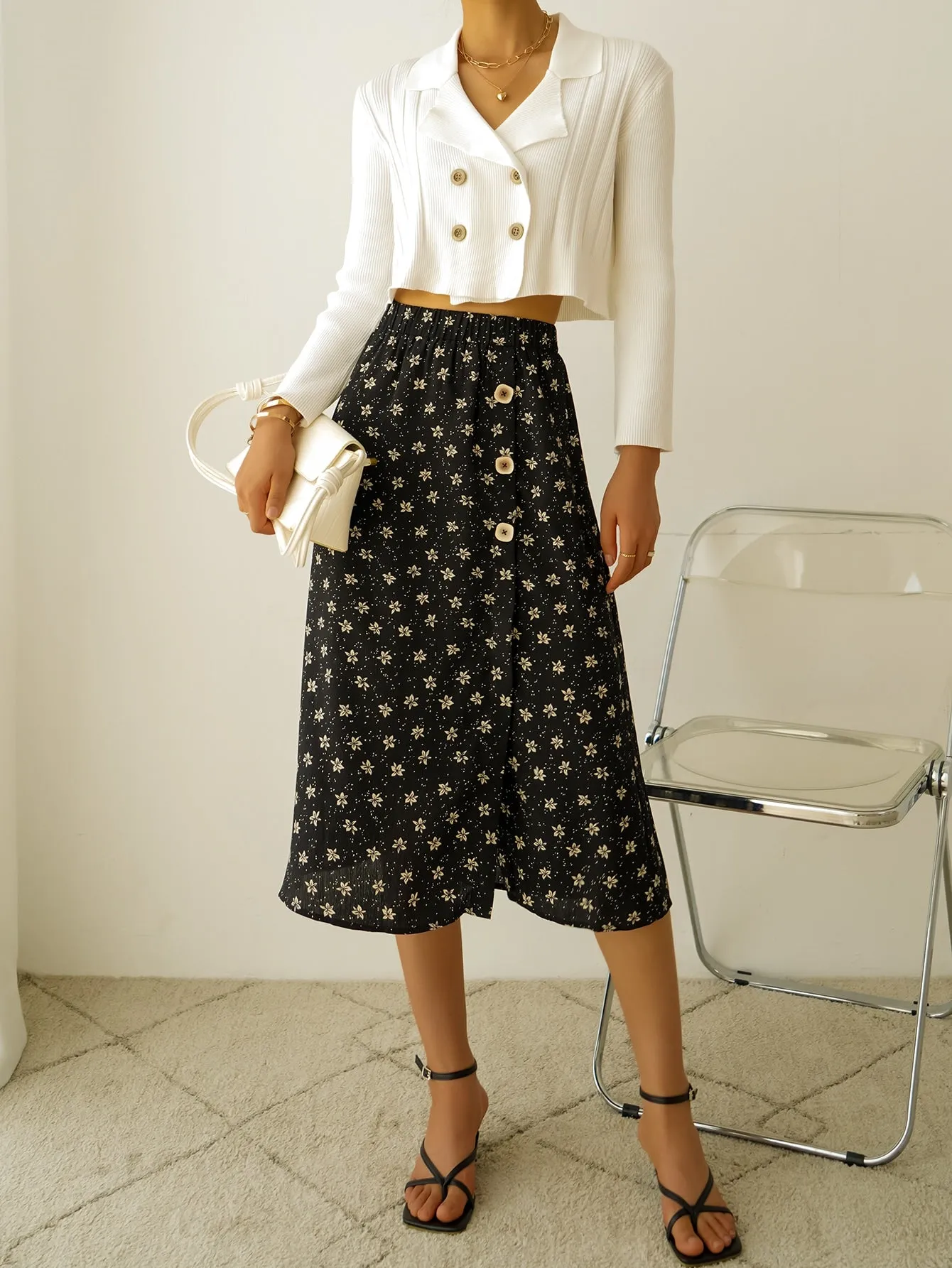 Boho Ditsy Floral Button Front High Waist Midi Women Skirts