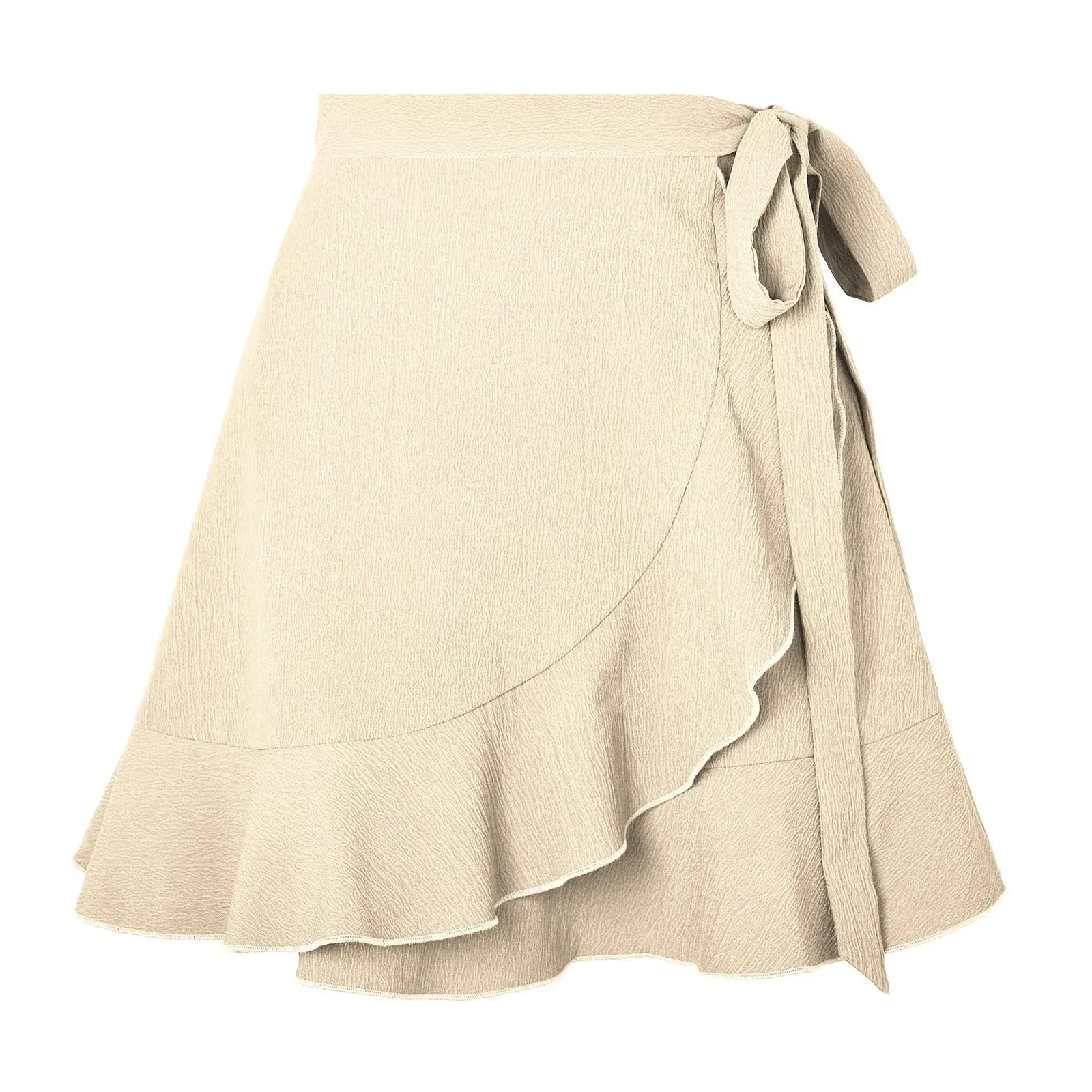 Boho Mini Lace Up Irregular Ruffles Beige Summer Skirt