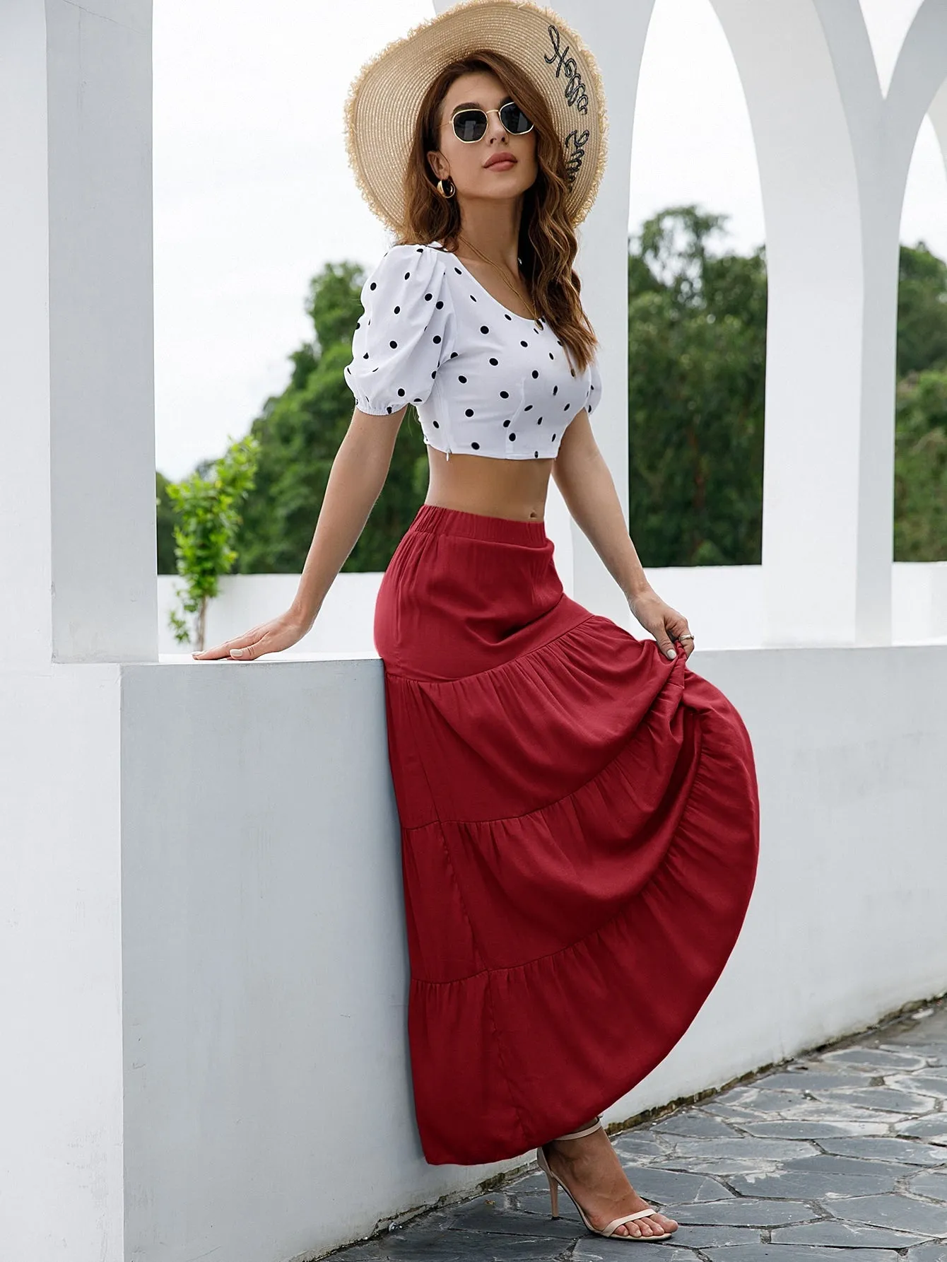 Boho Plain Ruffle Hem Natural Maxi Women Skirt