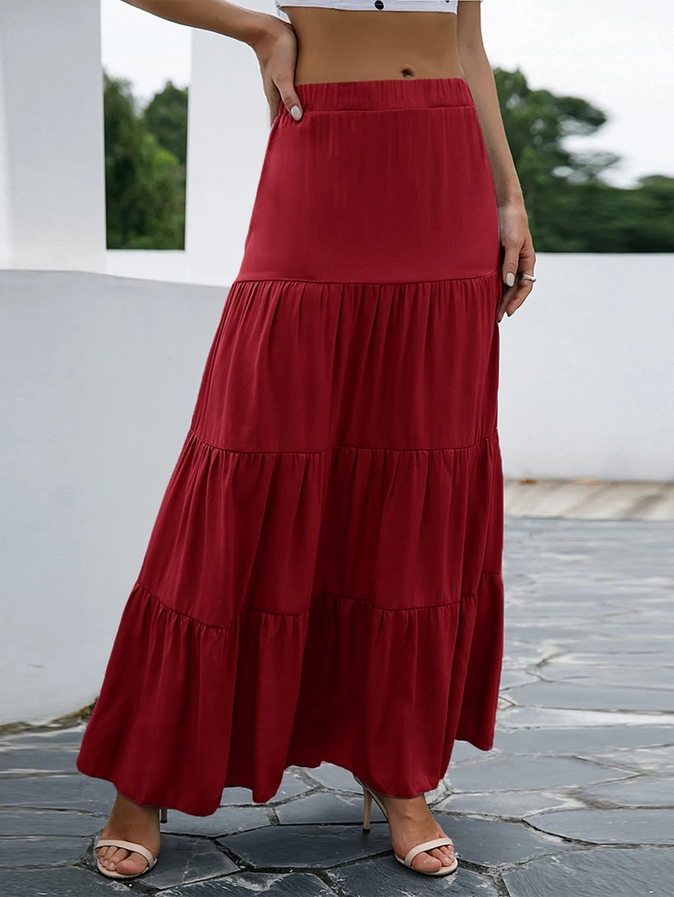 Boho Plain Ruffle Hem Natural Maxi Women Skirt