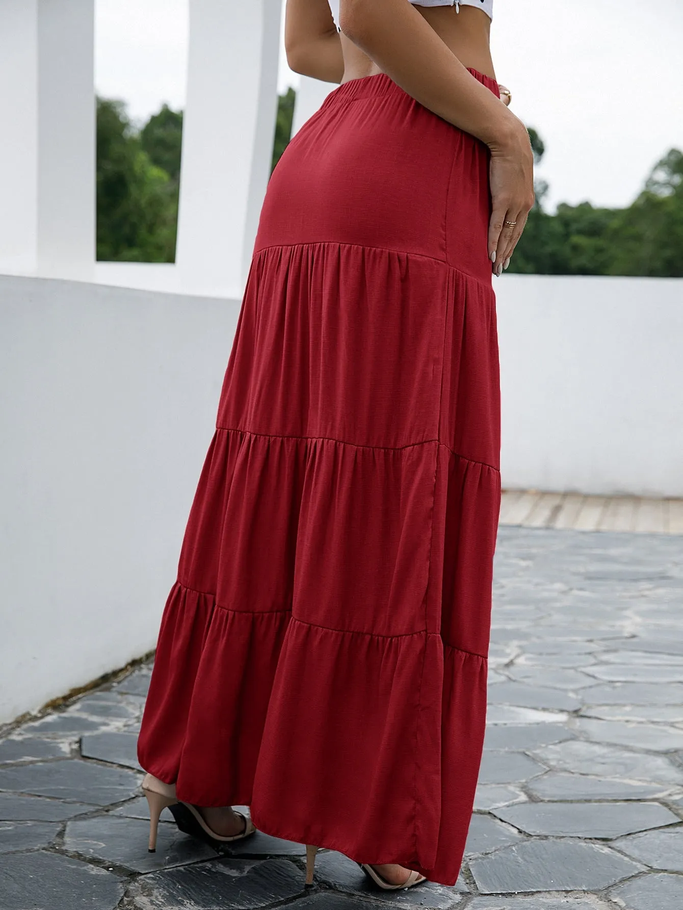 Boho Plain Ruffle Hem Natural Maxi Women Skirt