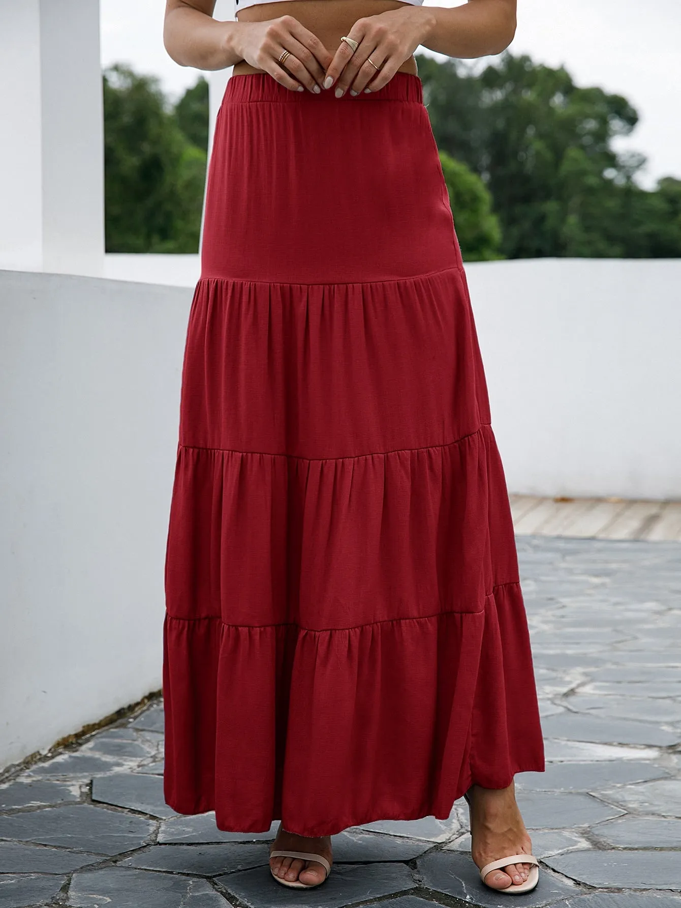 Boho Plain Ruffle Hem Natural Maxi Women Skirt