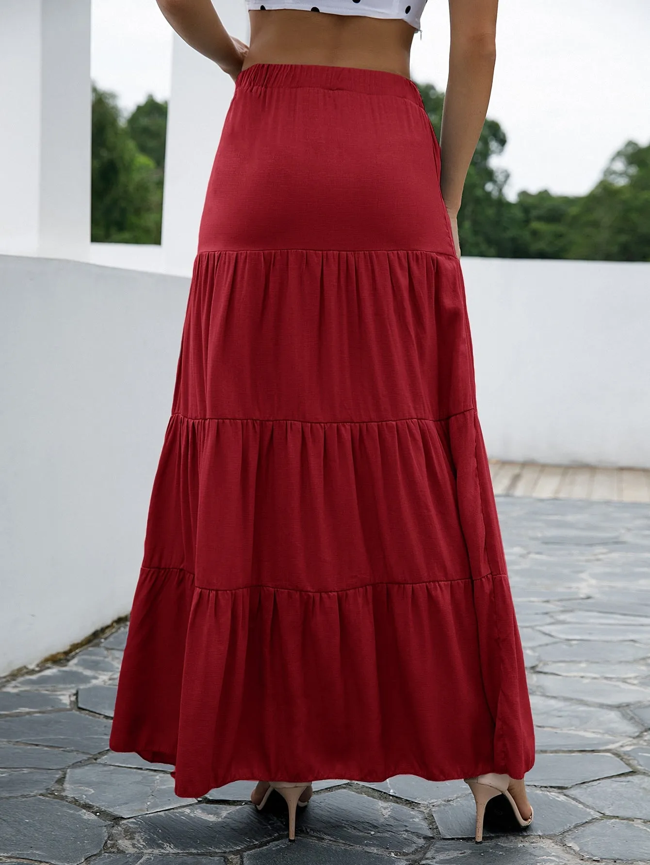 Boho Plain Ruffle Hem Natural Maxi Women Skirt