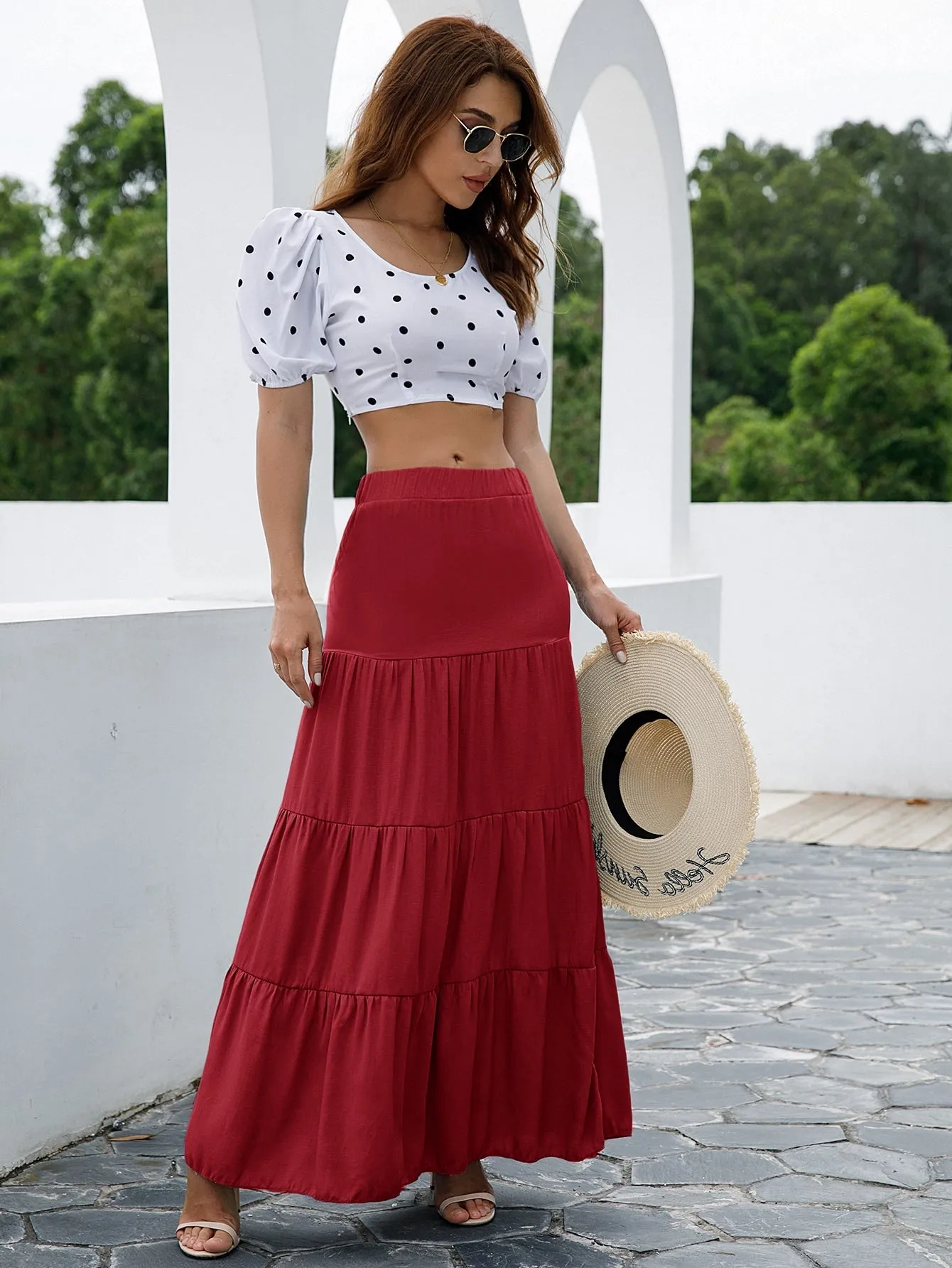 Boho Plain Ruffle Hem Natural Maxi Women Skirt