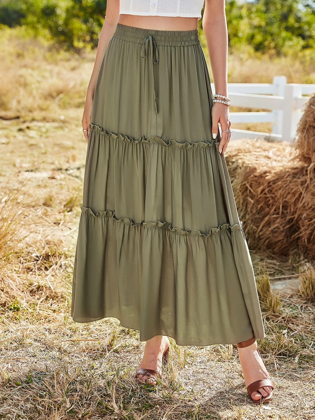 Boho Plain Tie Front High Waist Long Women Skirt