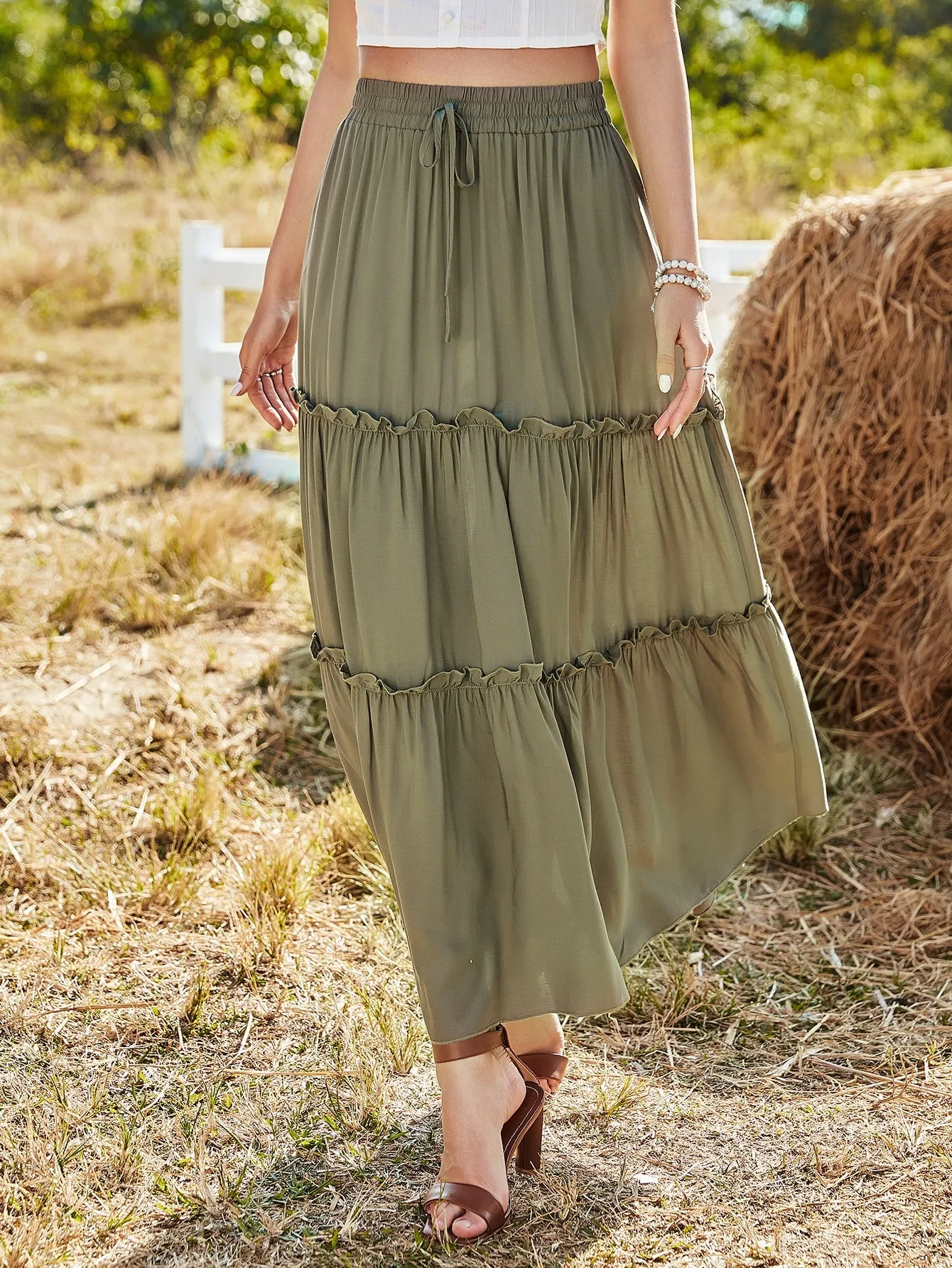 Boho Plain Tie Front High Waist Long Women Skirt