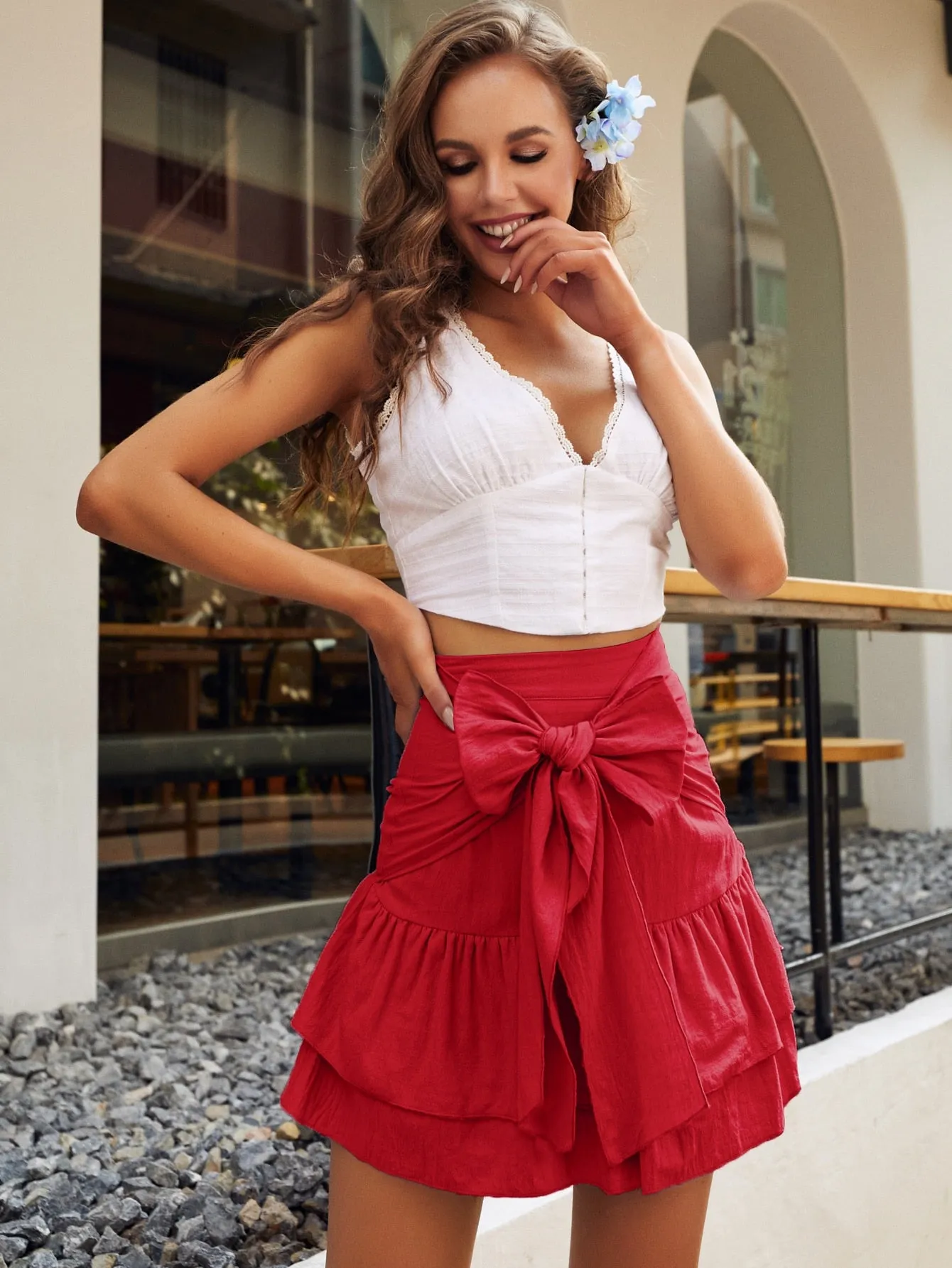 Boho Plain Tie Front High Waist Short Women Skirt