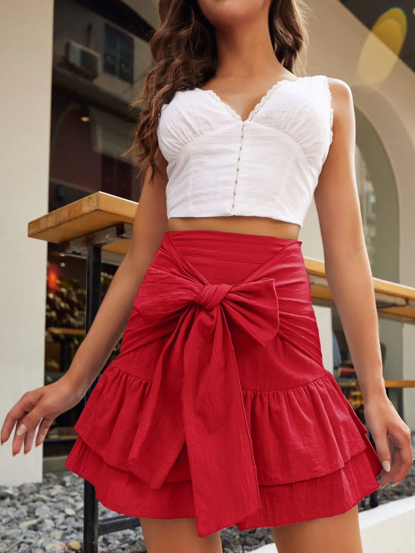 Boho Plain Tie Front High Waist Short Women Skirt