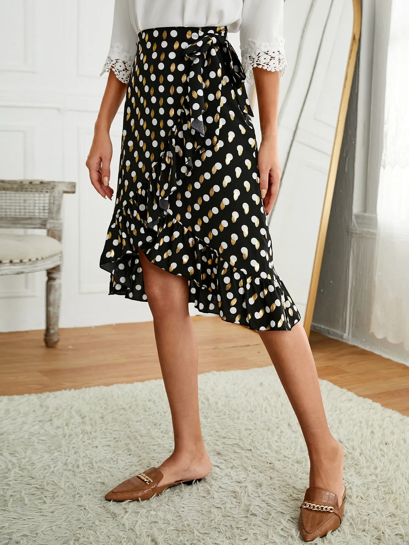 Boho Polka Dot Ruffle Hem Natural Midi Women Skirt