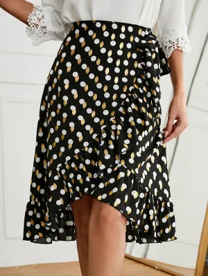 Boho Polka Dot Ruffle Hem Natural Midi Women Skirt