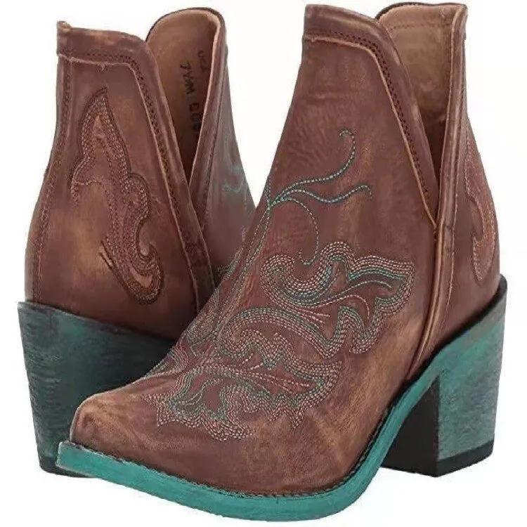 Brown Cowgirl Booties With Patina Soles Or Choose Black With Black Western Embroidery Pattern Slip On Shorty Cowboy Boots For Ladies In Vegan Leather