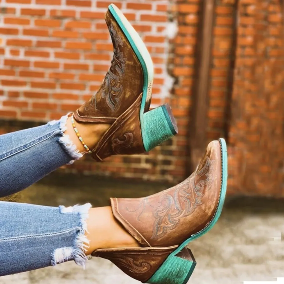 Brown Cowgirl Booties With Patina Soles Or Choose Black With Black Western Embroidery Pattern Slip On Shorty Cowboy Boots For Ladies In Vegan Leather