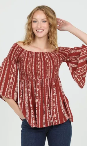 Calian Rust Off Shoulder Smocked Bodice Flare Sleeve Top