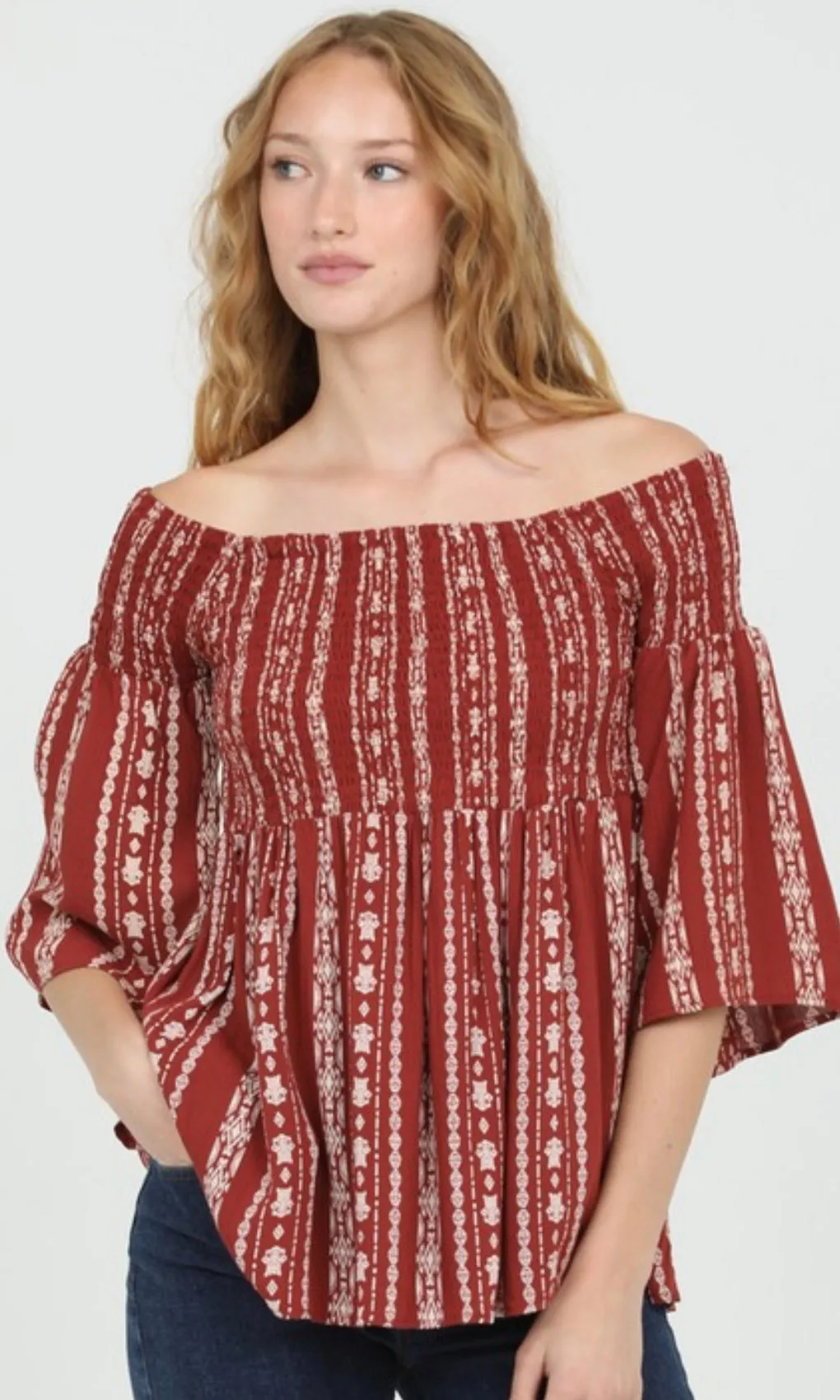 Calian Rust Off Shoulder Smocked Bodice Flare Sleeve Top