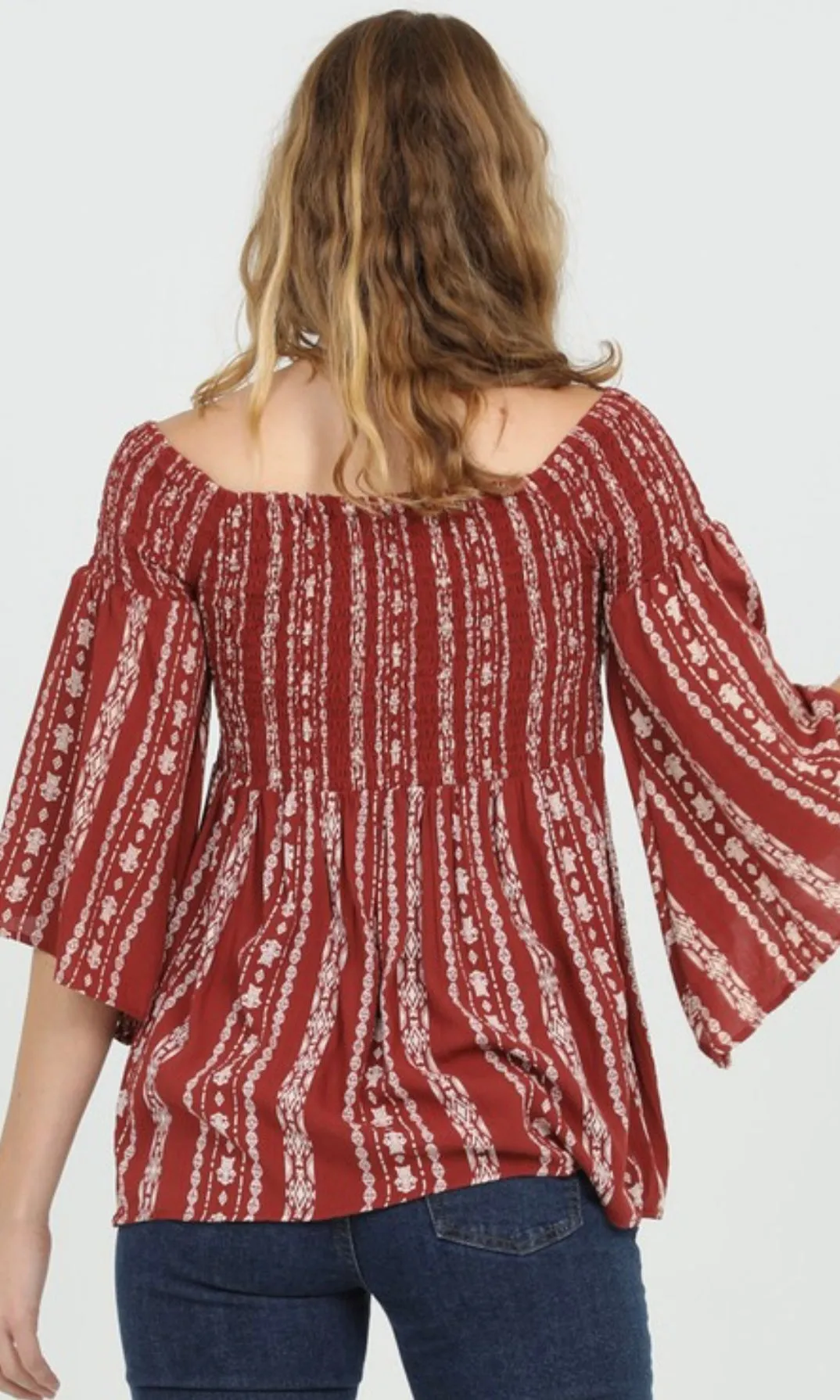 Calian Rust Off Shoulder Smocked Bodice Flare Sleeve Top