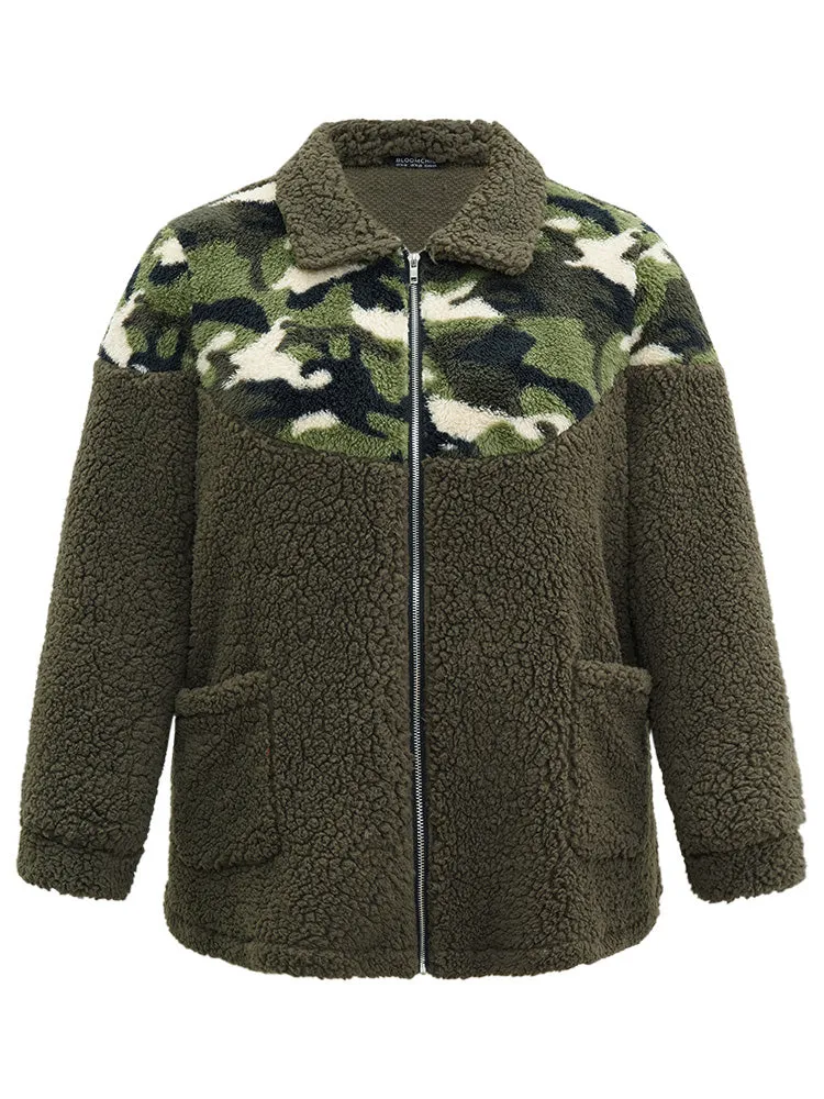 Camo Patchwork Zipper Pocket Teddy Jacket