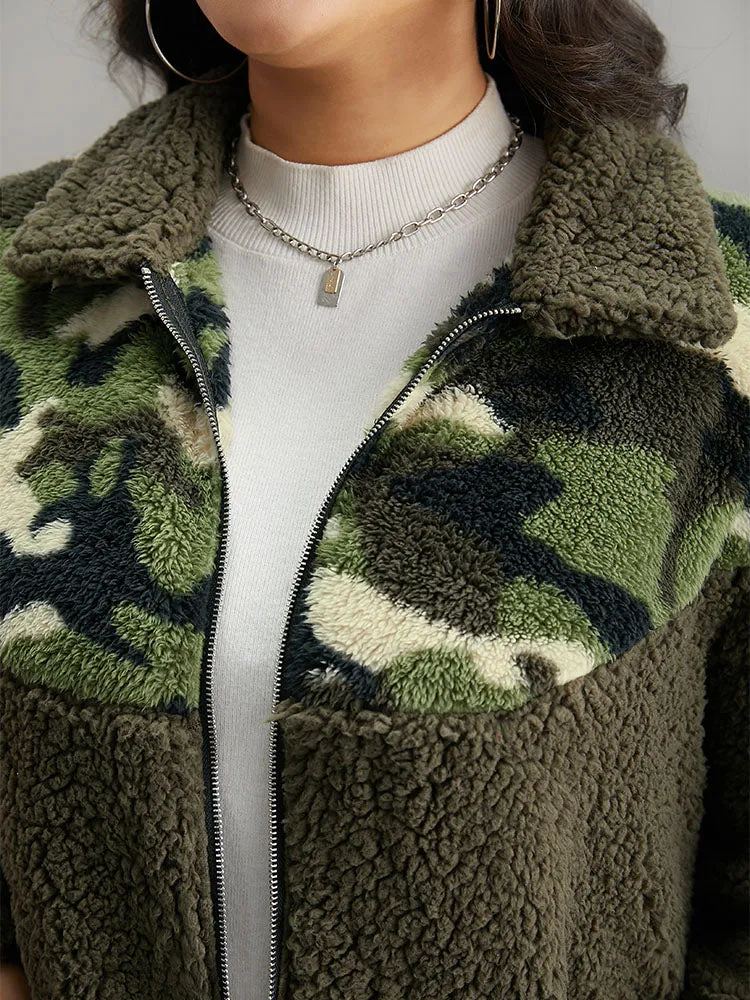 Camo Patchwork Zipper Pocket Teddy Jacket