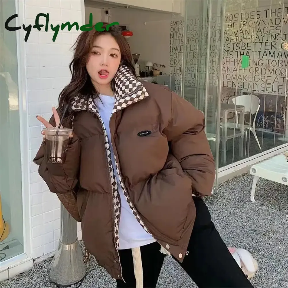 Cyflymder New Winter Down Cotton Jacket Women Zipper Loose Padded Coat Female Solid Thickening Warm Puffer Parkas Jackets Black White