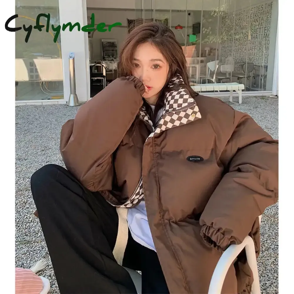 Cyflymder New Winter Down Cotton Jacket Women Zipper Loose Padded Coat Female Solid Thickening Warm Puffer Parkas Jackets Black White