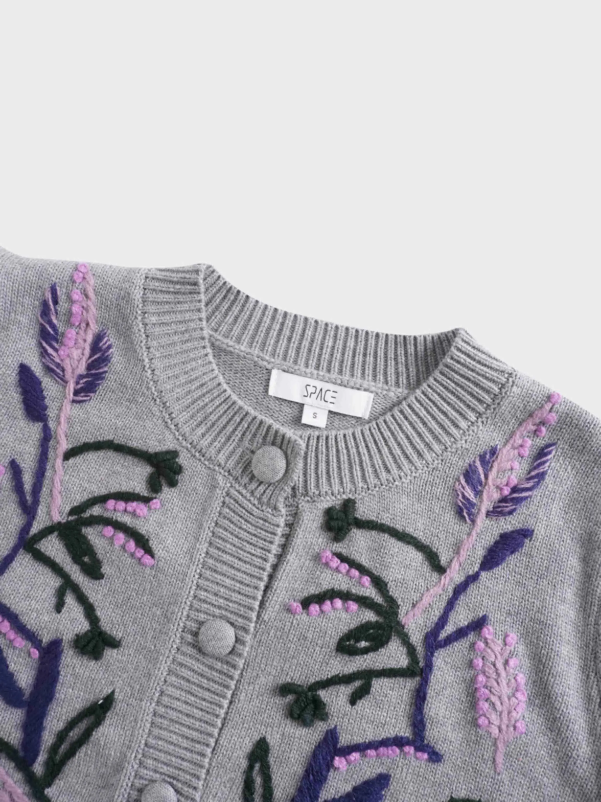 Embroidered Cropped Cardigan-Grey/Lavender