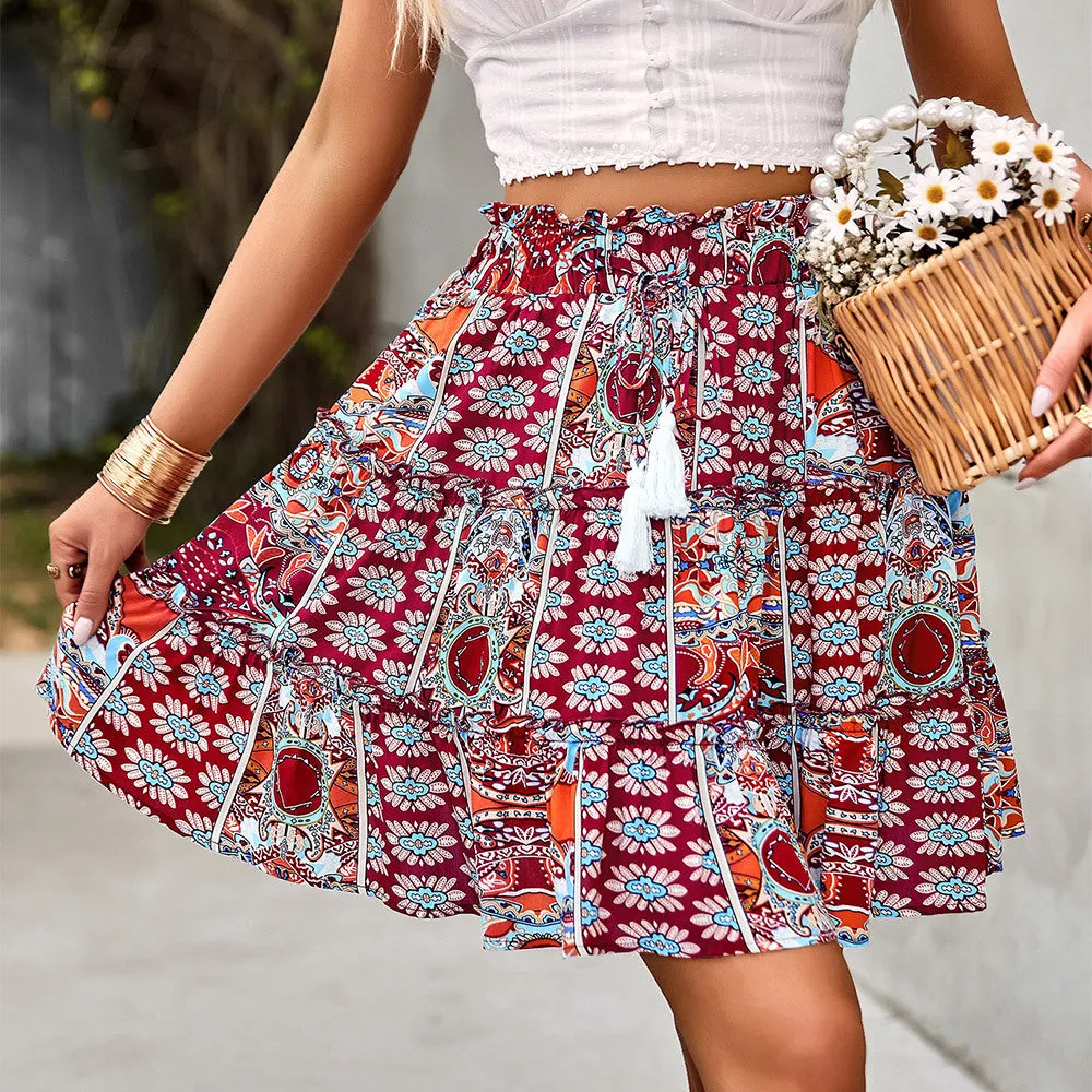 Fashion Print Drawstring A-Line Casual Boho Wholesale Skirts