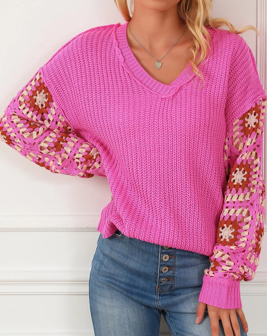 Floral Crochet Exposed Seam Sweater