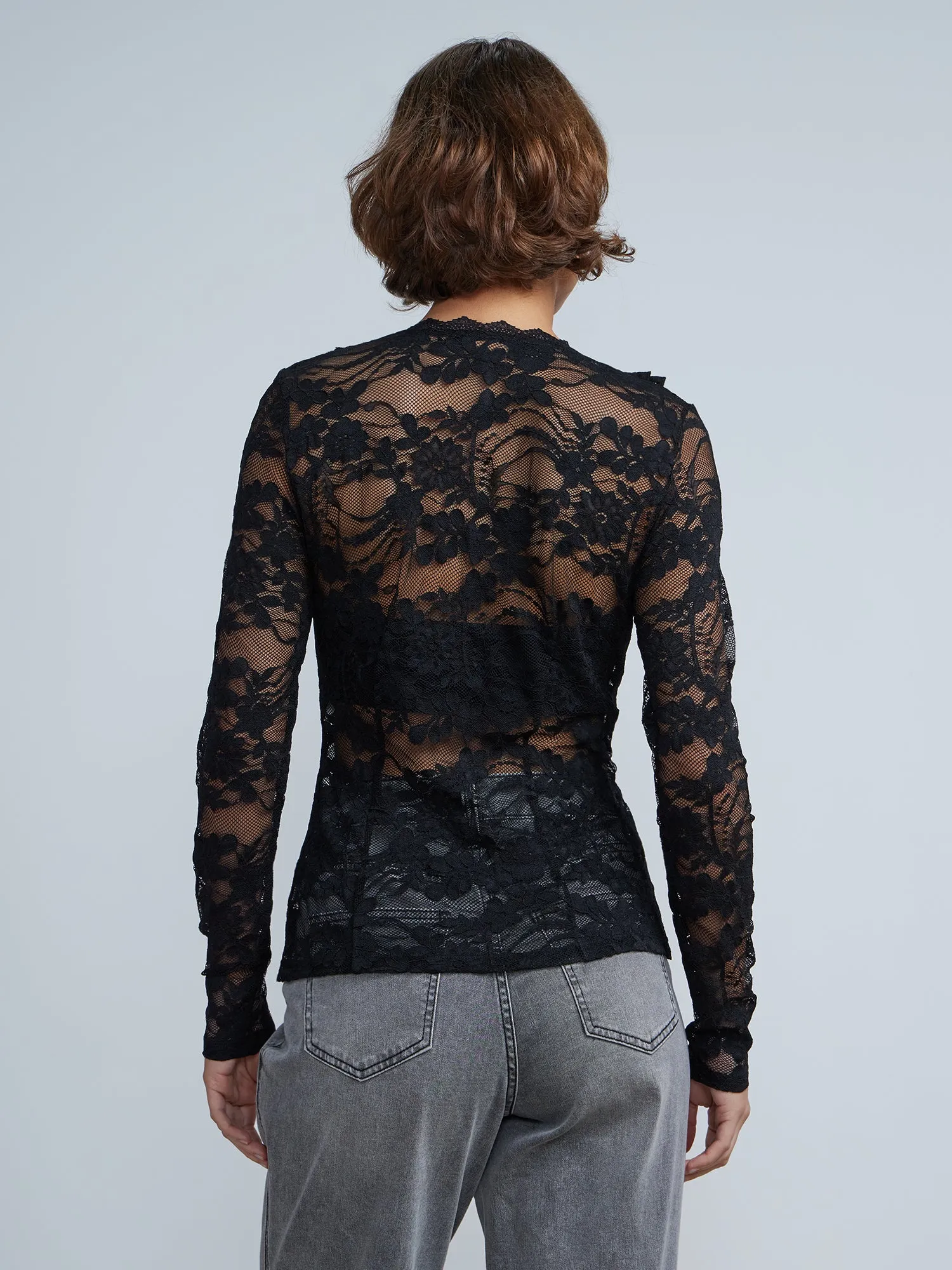 Floral Embroidered Ruffled Front Mesh Lace Top