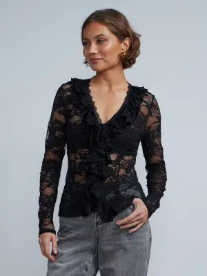 Floral Embroidered Ruffled Front Mesh Lace Top