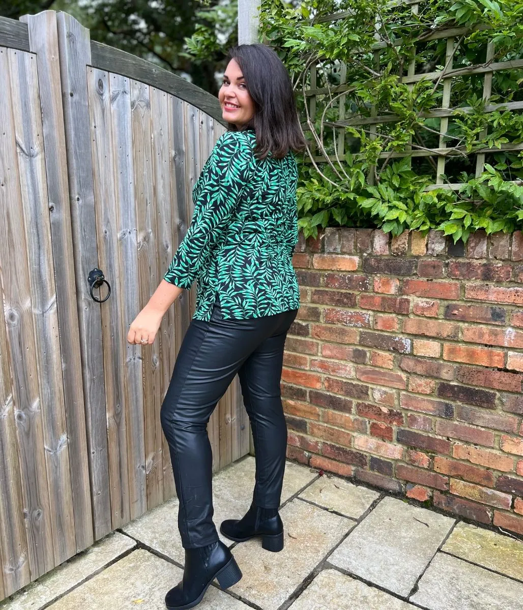 Green Leaf Print Twist Front Tunic Top