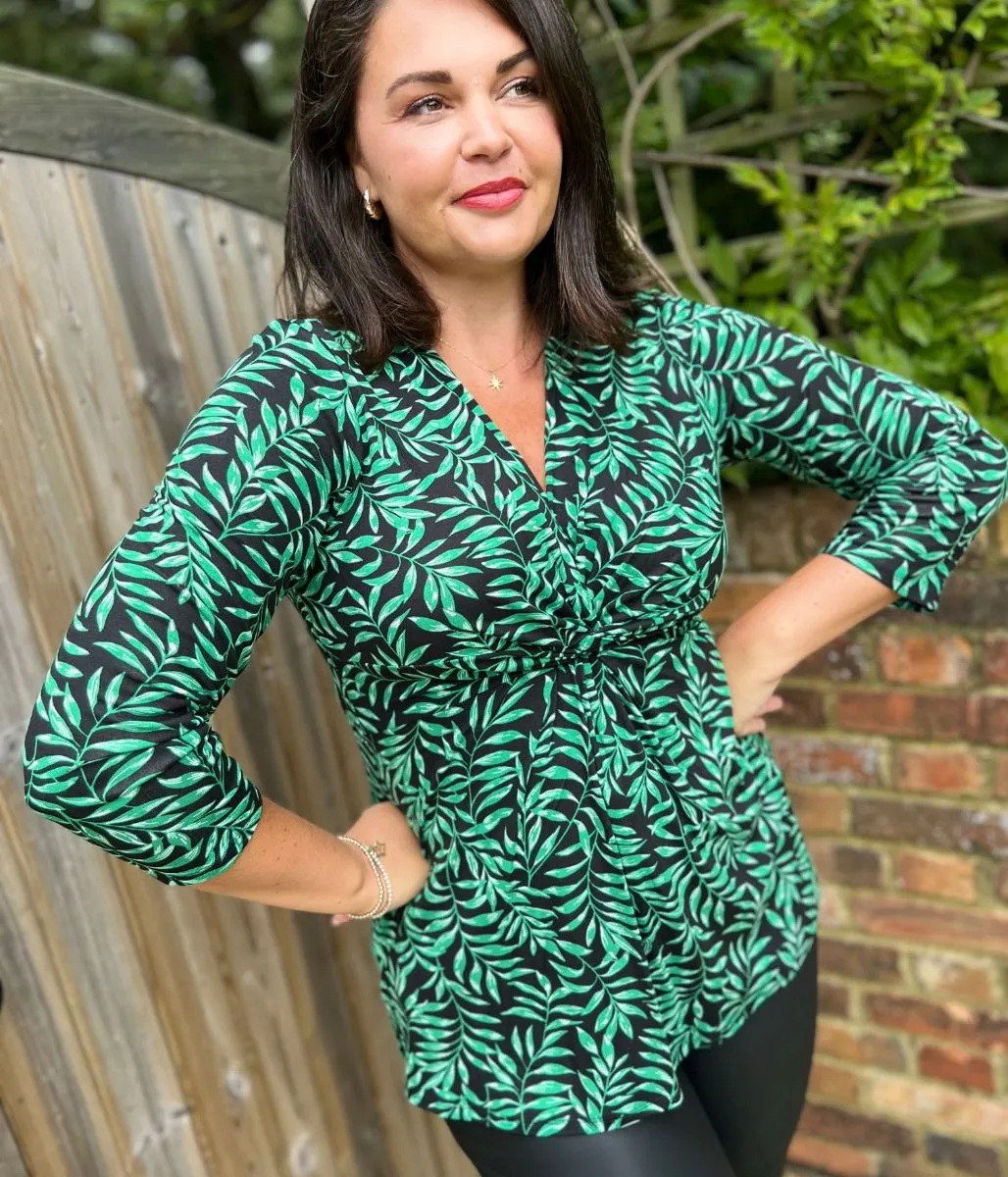 Green Leaf Print Twist Front Tunic Top