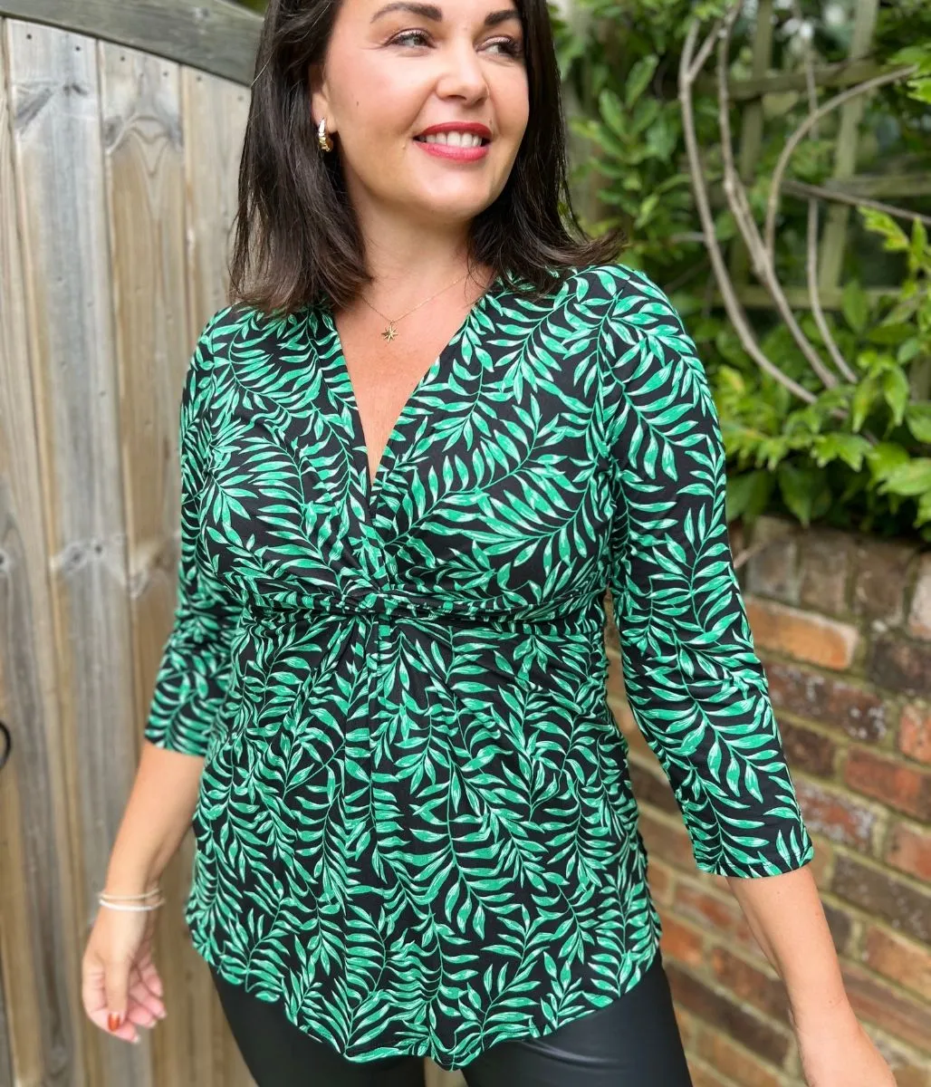 Green Leaf Print Twist Front Tunic Top