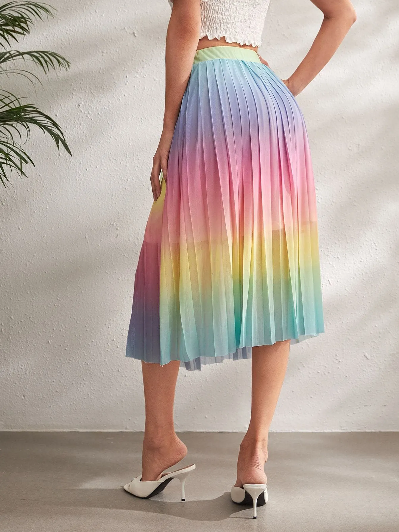 High Elastic Waist Ombre Pleated Mesh Skirt