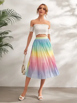 High Elastic Waist Ombre Pleated Mesh Skirt