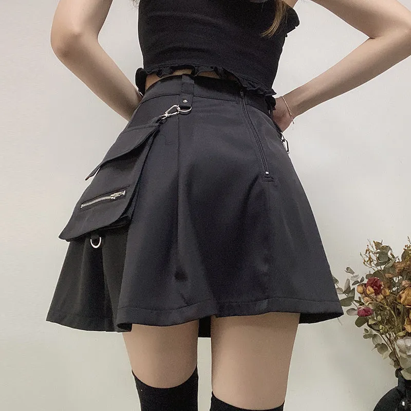 High Waist Strap Zipper Pleated Skirt