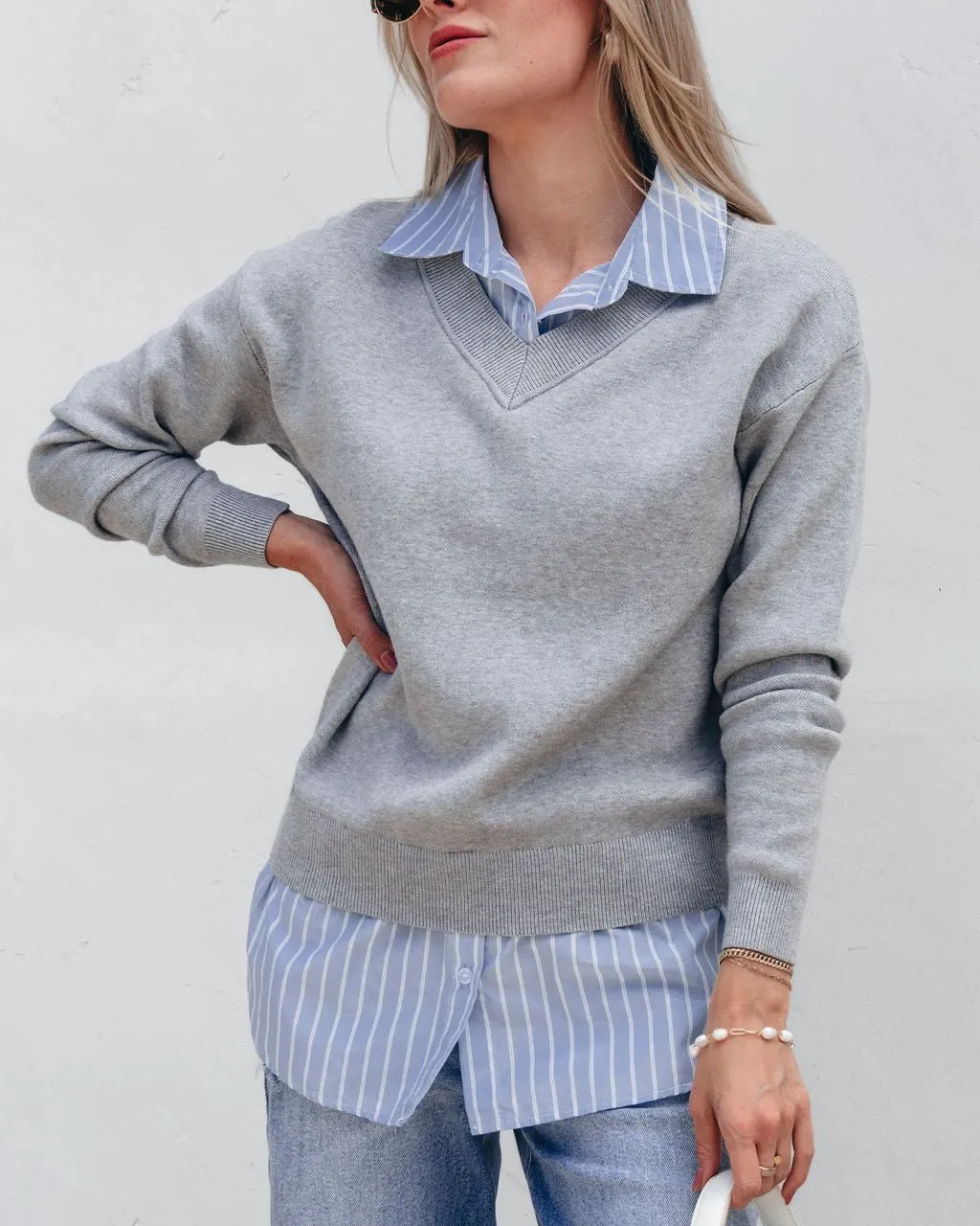 Layered V Neck Shirt Sweater - Grey - FINAL SALE