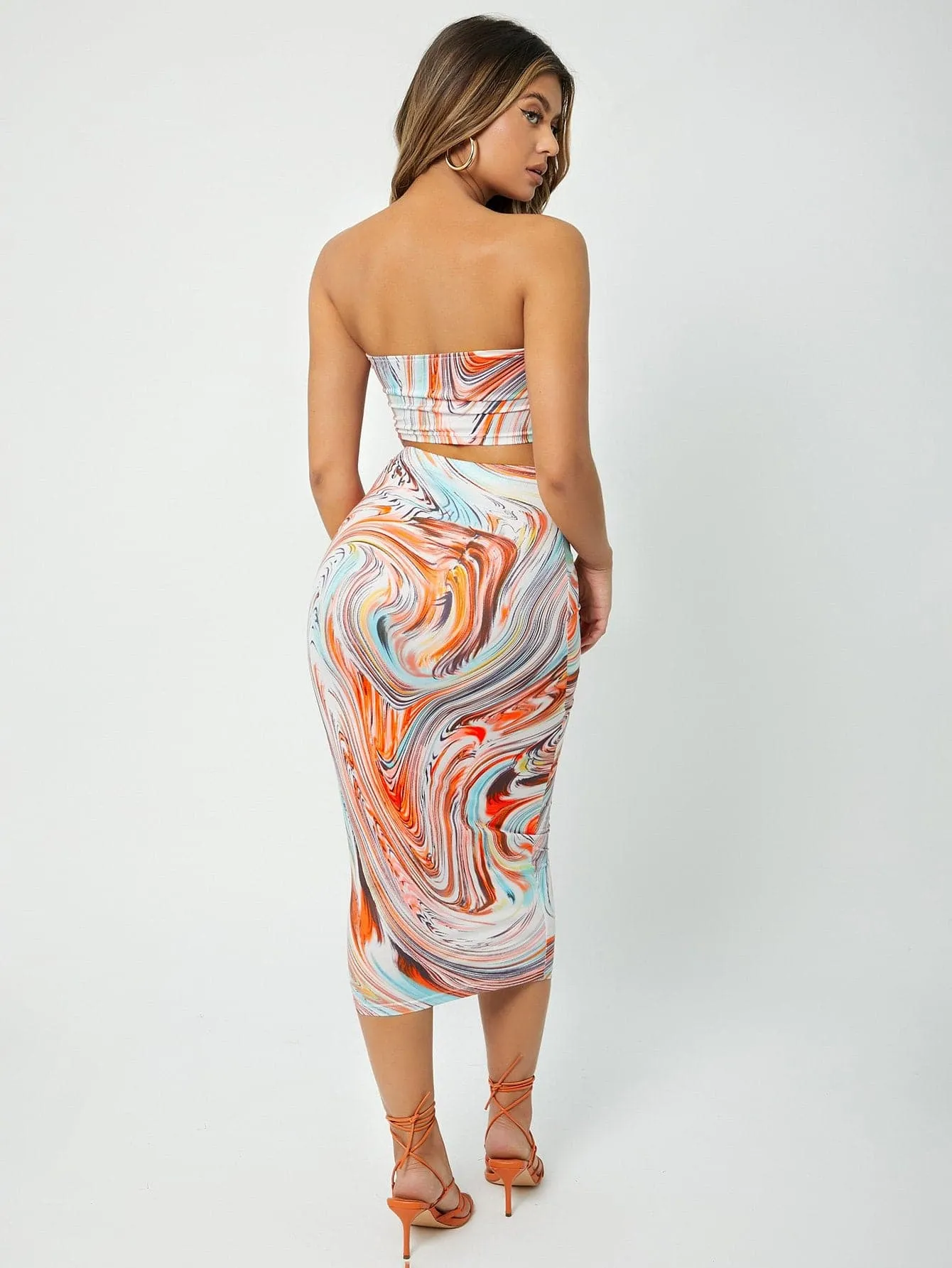 Marble Print Crop Tube Sleeveless Strapless Top and Pencil Skirt