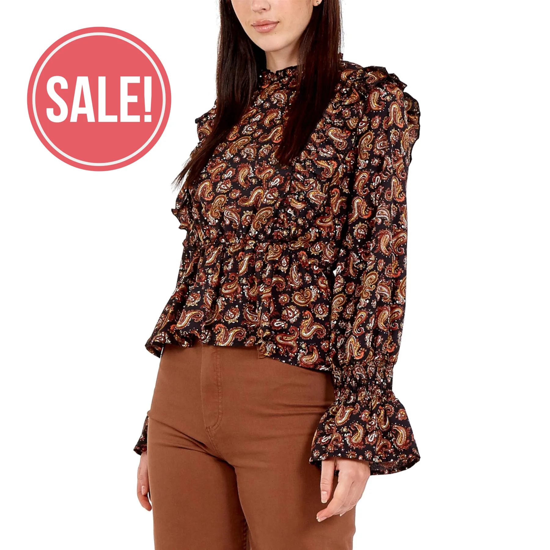 Maria Paisley Print Ruffle Blouse | Black/Rust