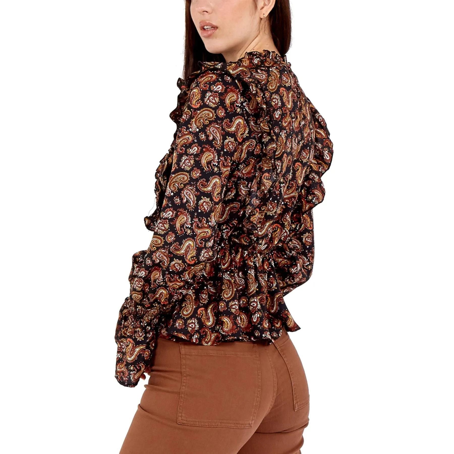 Maria Paisley Print Ruffle Blouse | Black/Rust