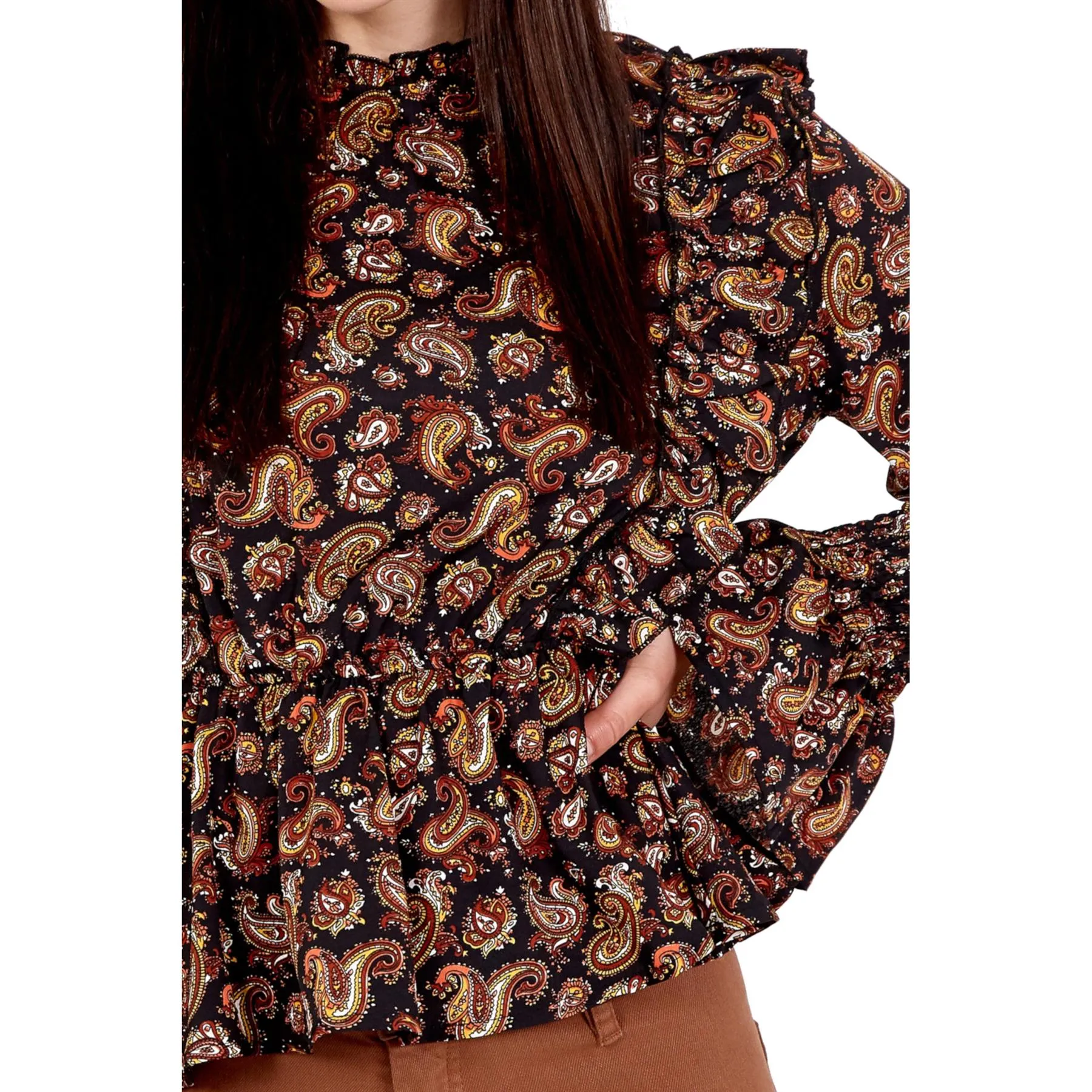 Maria Paisley Print Ruffle Blouse | Black/Rust