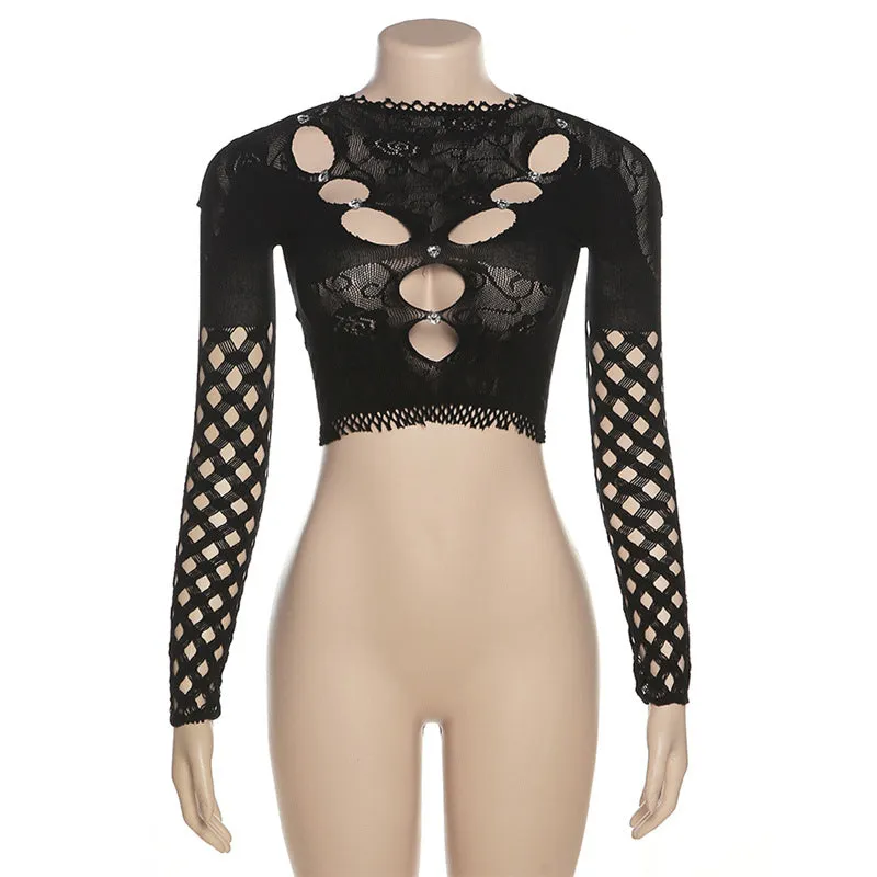 MB FASHION  Lace Crop Top with Cut-Outs and Rhinestone Accents 7626LY