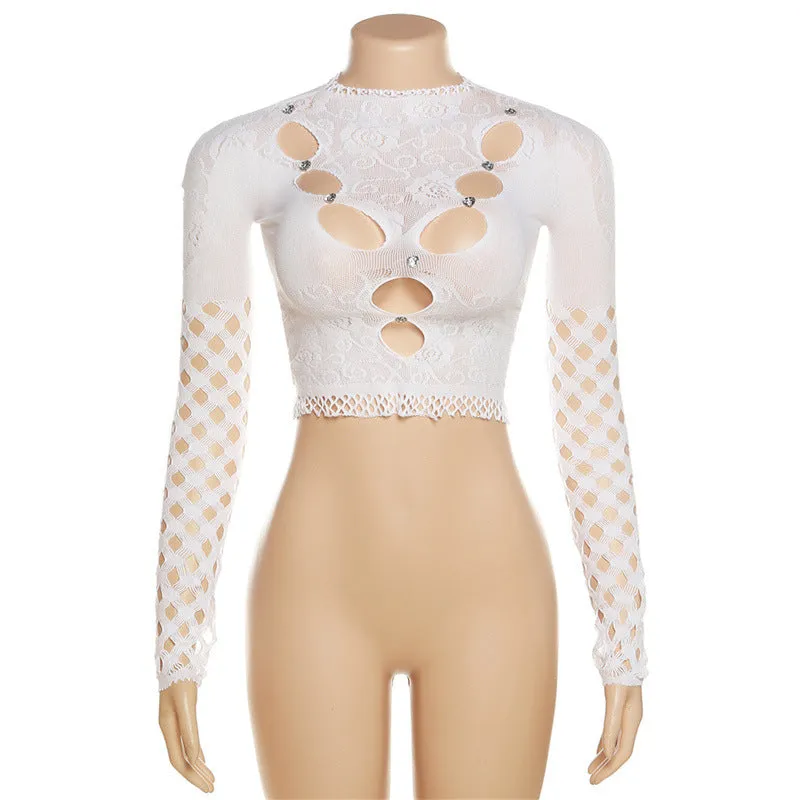 MB FASHION  Lace Crop Top with Cut-Outs and Rhinestone Accents 7626LY