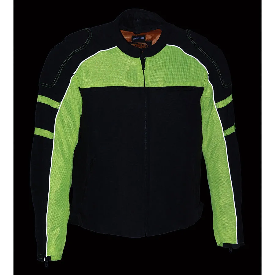 Mens Motorcycle Mesh Racer Jacket Blk Neon Green with removable rain Jacket Liner 2 Gun pockets