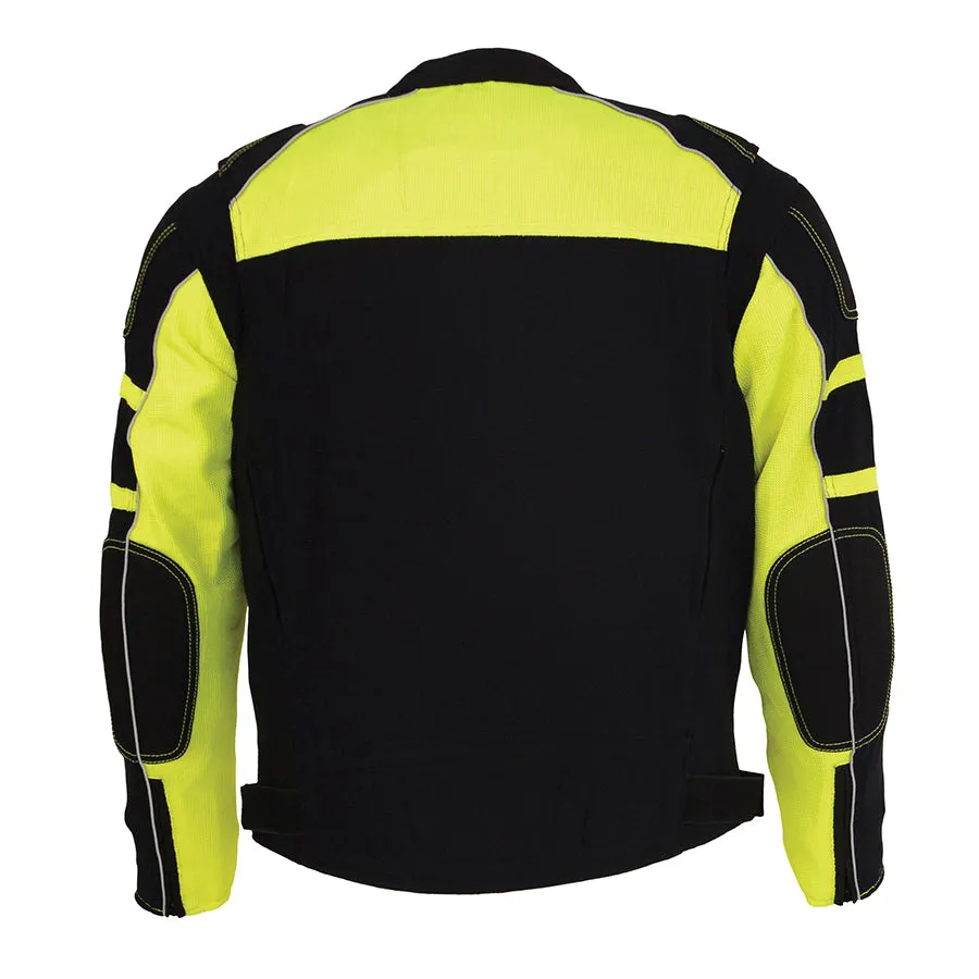 Mens Motorcycle Mesh Racer Jacket Blk Neon Green with removable rain Jacket Liner 2 Gun pockets