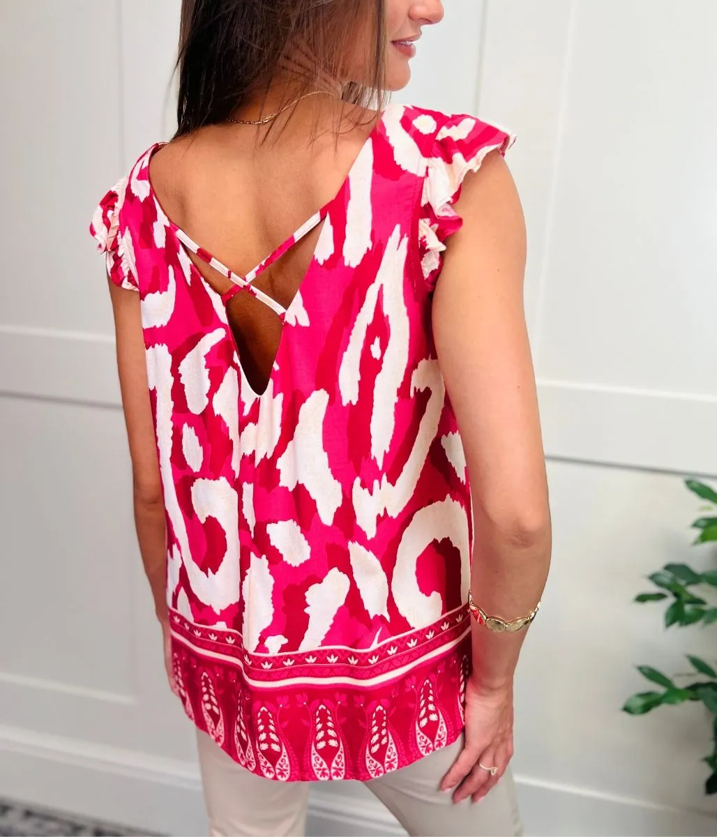 Pink Border Print Frill Sleeve Top