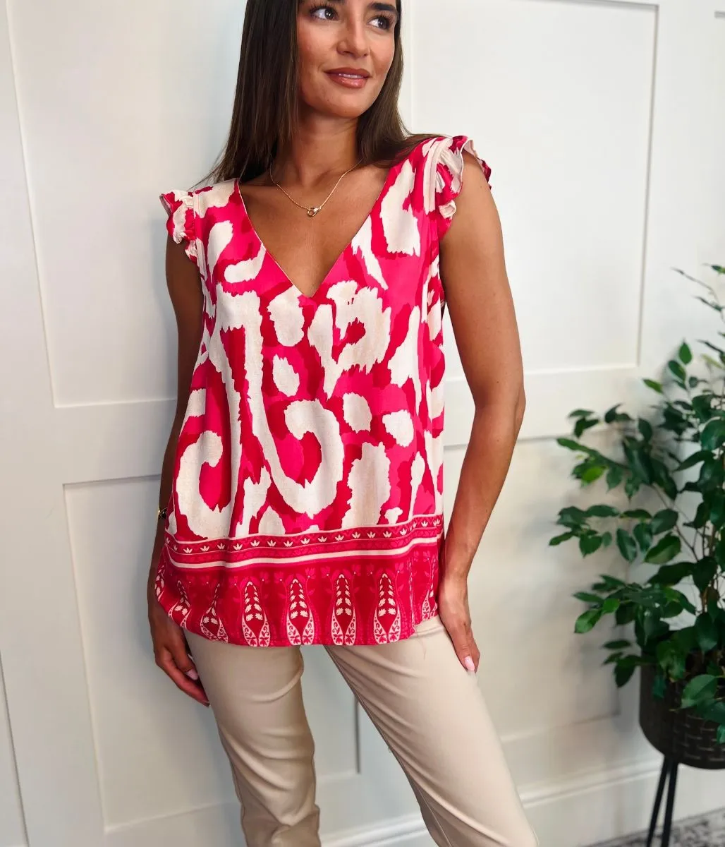 Pink Border Print Frill Sleeve Top