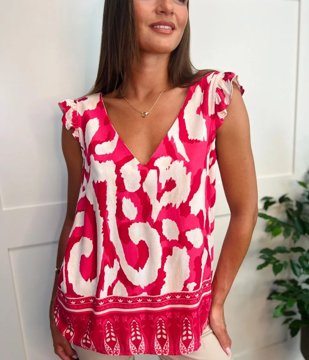 Pink Border Print Frill Sleeve Top